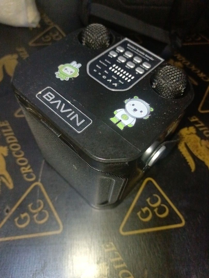 Bavin Portable Karaoke Speaker with Microphones (Category: Soundbars, Speakers & Amplifiers) located in Manila. Submitted by wildwater.171620 (Listing ID 1451729904, Image 2). Description: - Bavin portable karaoke speaker - Includes two microphones - Music playback via USB, TF card, and Bluetooth - Ideal for parties and singing practice - Unit has applied stickers - Matagal din malowbat - Slightly used - AUX to AUX cable included - Type C chargin