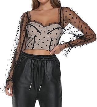 Black Polka Dot Mesh Long Sleeve Crop Top (Category: Longsleeves) located in Quezon City. Submitted by closetcleanupfairy (Listing ID 1451801745, Image 1). Description: - Sheer black mesh fabric with polka dots - Sweetheart neckline - Long puff sleeves with ruffled cuffs - Versatile for layering (bralette/cami recommended) - Ideal for night outs or special occasions - Trendy and chic style.
