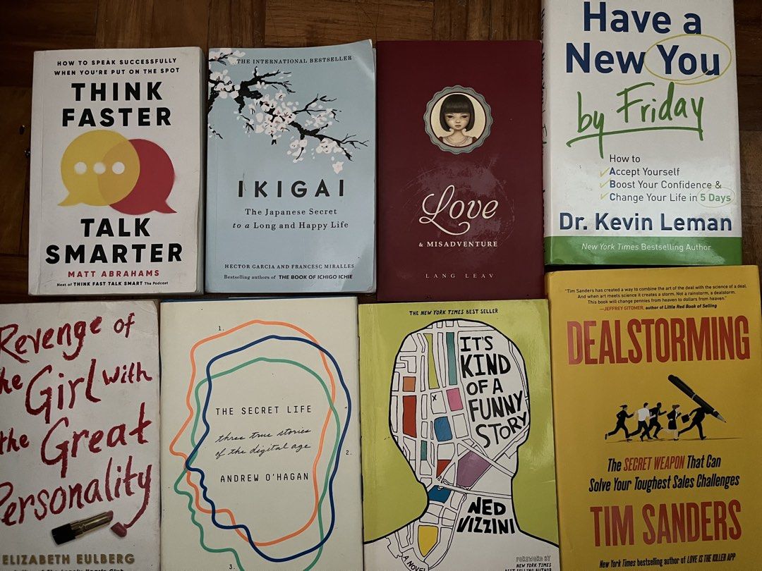 Books bundle (Category: Storybooks) located in Manila. Submitted by ak.sells (Listing ID 1451761878, Image 1). Description: - bundle of 8 books for sale - negotiable just dm me your offer - include: Ikigai, Think Faster Talk Smarter, Love & Misadventure, Have a New You by Friday, Revenge of the a Girl with the Great Personality, The Secret Life, It’s Kind of a Funny Story and Dealstorming - ideal for personal growth and sales development .