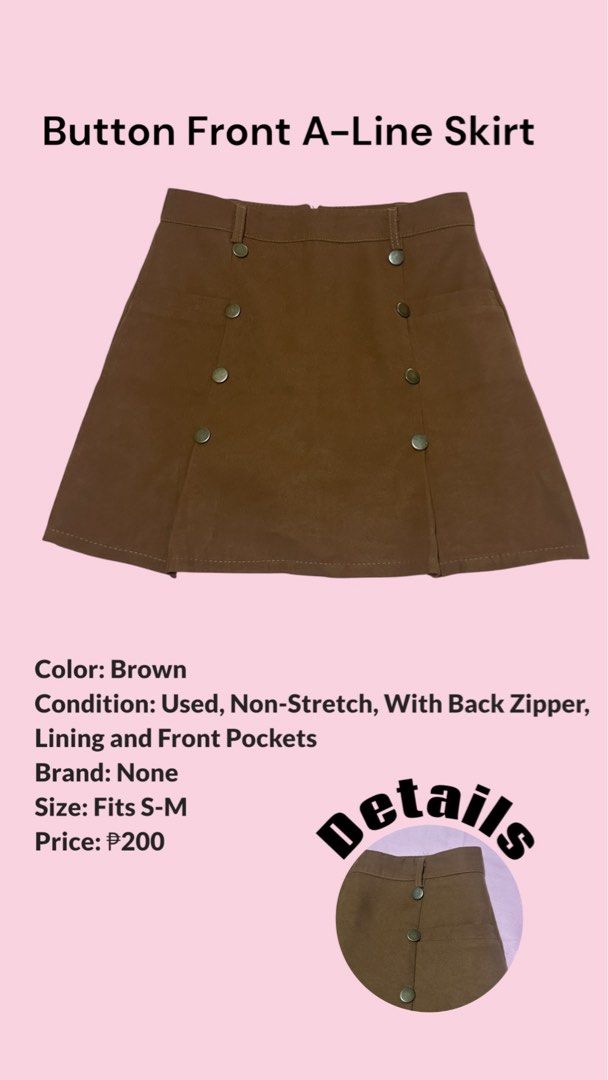 Brown Button Front A-Line Skirt (Category: Skirts) located in Las Pinas. Submitted by amromps (Listing ID 1451849209, Image 1). Description: - Brown A-line skirt - Button front detail - Back zipper closure - Functional front pockets - Non-stretch fabric - Fits sizes Small to Medium (S-M) - Ideal for casual wear.