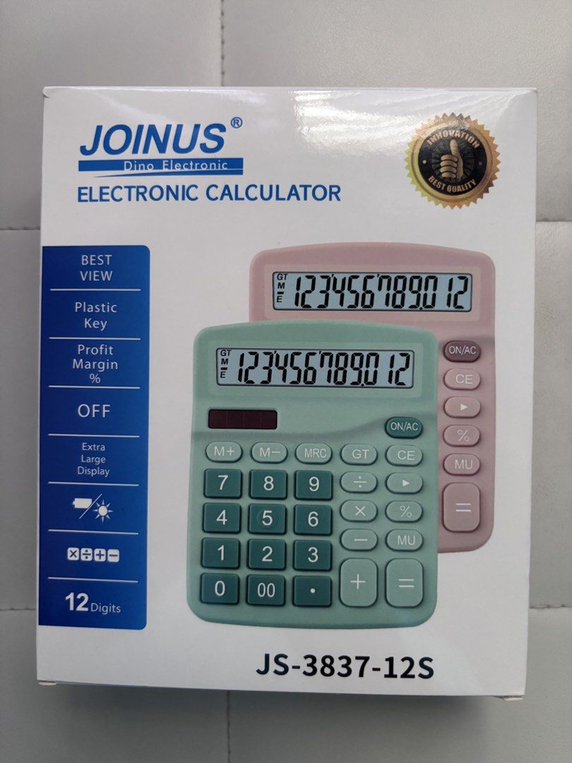 Calculator (Category: Stationery & School Supplies) located in Singapore. Submitted by jzpro (Listing ID 1451856513, Image 1). Description: - JOINUS JS-3837-12S ElectronicCalculator - 12-Digit Big Display - Plastic Keys - Solar & Battery Power - Profit Margin Function - Pastel Pink Color .