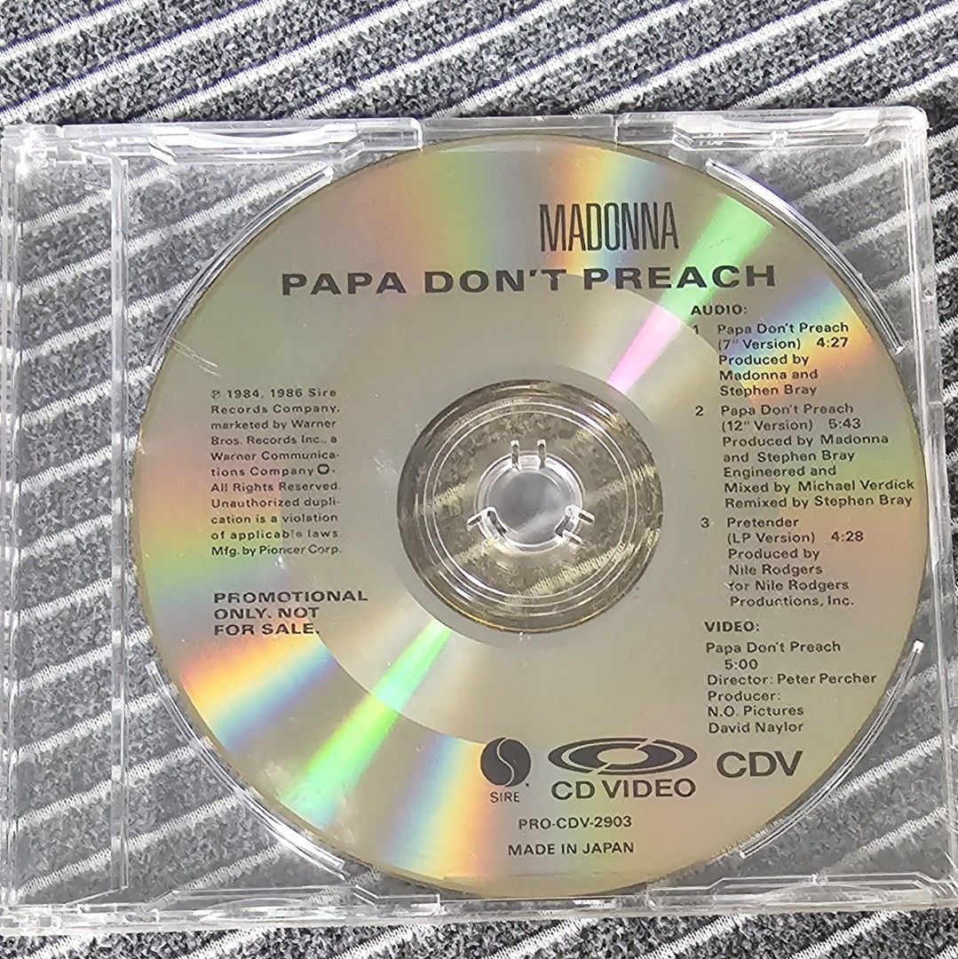 🌟🌟🇯🇵[CD Single Promo] Madonna – Papa Don't Preach (1998) (Category: CDs & DVDs) located in Singapore. Submitted by strangecell (Listing ID 1414776583, Image 1). Description: Many more Various Genres: https://www.carousell.sg/p/1253907759 Electronic Dance, EDM, DJ Mix: https://carousell.com/p/1035784902 Easy Listening, Funk Soul, Lounge, Jazz, New Age, Chill-out: https://carousell.com/p/1028943398 ************************************** Self-co