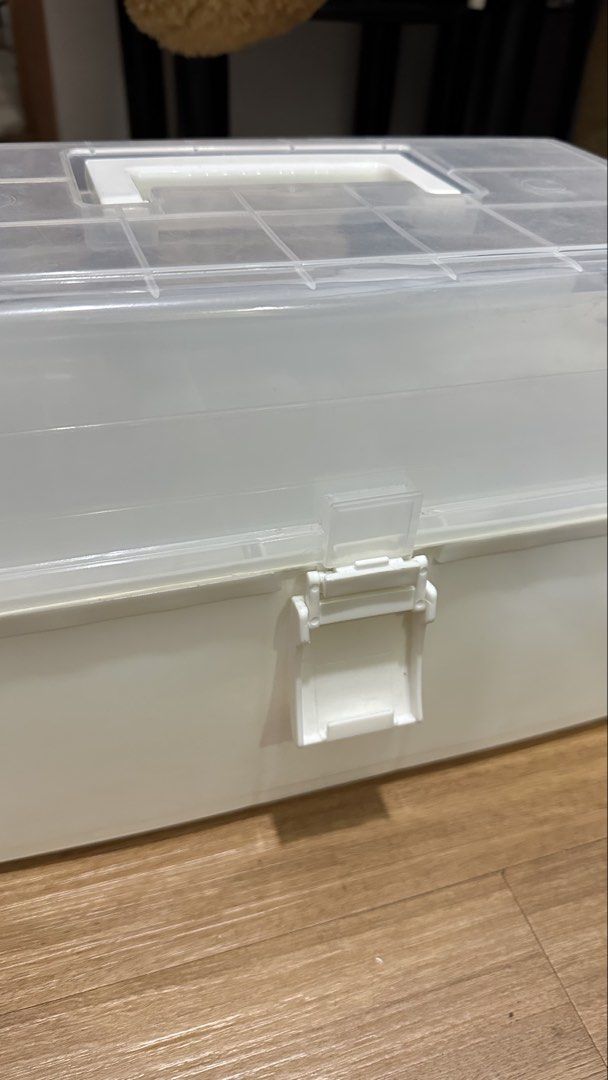Clear Compartment Storage Box with Handle (tackle box) SIZE LARGE (Category: Storage Boxes & Baskets) located in Manila. Submitted by aedenmedin09276 (Listing ID 1451811413, Image 1). Description: - White and clear storage box - Multiple compartments for organization - Secure latch closure - Convenient carrying handle - Ideal for craft supplies, hardware, or small items - Keeps belongings tidy and easy to find has minor scratches on edges .