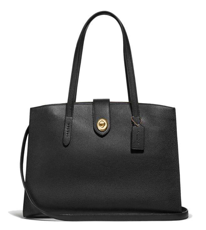 Coach Black Leather Tote Bag with Turnlock Closure (Category: Tote Bags) located in Mandaluyong City. Submitted by geri3373 (Listing ID 1448838818, Image 1). Description: - Brand: Coach - Material: Black pebbled leather - Closure: Front turnlock flap and zip-top main compartment - Interior: Fabric lining - Features: Coach leather hangtag - Ideal for: Everyday use or work.