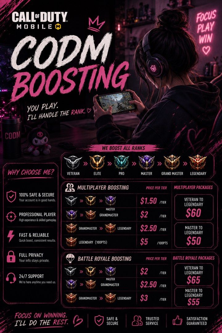 CODM Boosting! 🌟 (Category: Others) located in Singapore. Submitted by janxlle.x (Listing ID 1451680941, Image 1). Description: Safe 🌟 Secure 🌟 Trusted. i usually do boostings by logging into the player's account BUT if youre not comfortable with that & wish to just play with me instead, by all means, its up to you! only accept dbs paynow/paylah! payment has to be done before the boosting process. (second photo is proof of how many seasons ive