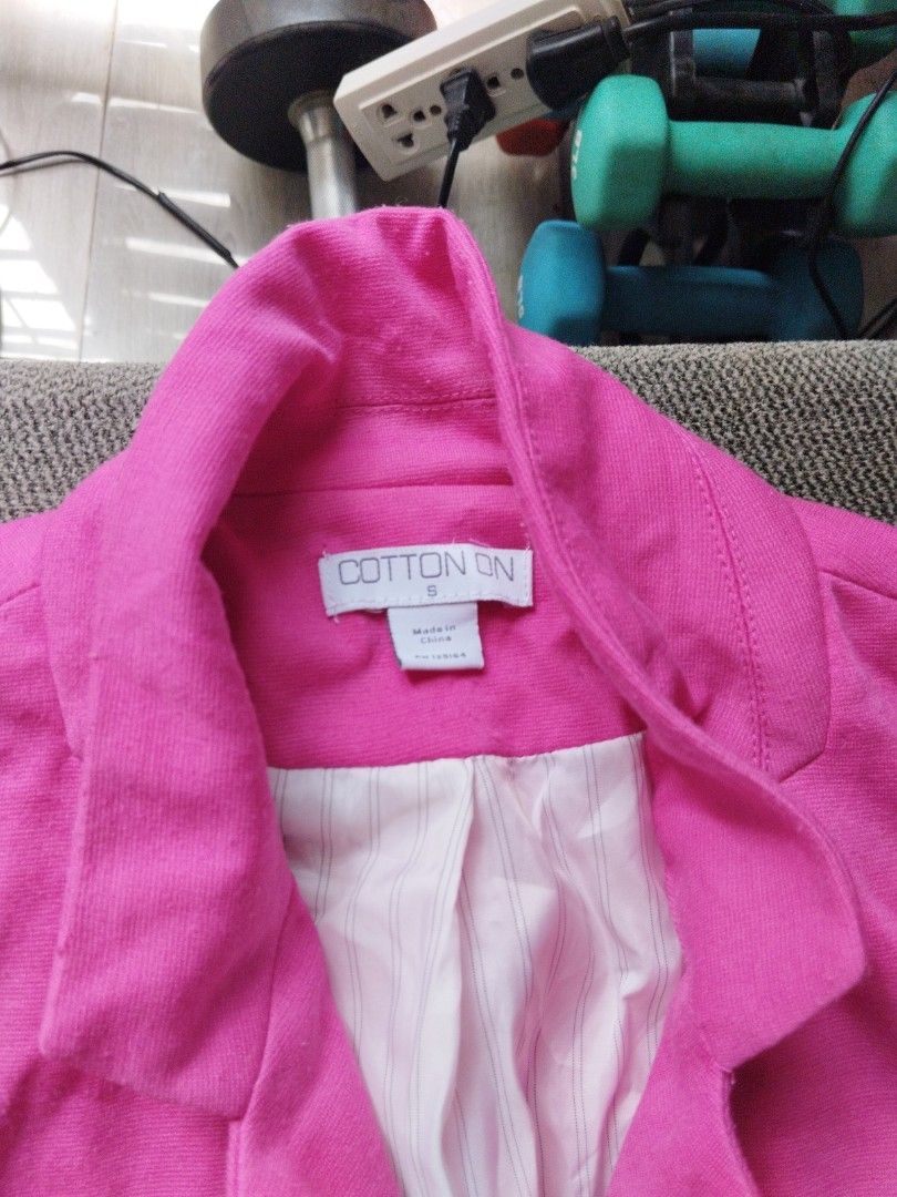 Cotton On Pink Blazer Size S (Category: Coats, Jackets and Outerwear) located in Antipolo. Submitted by PickClickShip (Listing ID 1451724574, Image 2). Description: - Bright pink Cotton On blazer - Size: S - Single button closure - Two front pockets - Light-colored lining with subtle pinstripes - Versatile for dressing up or down.