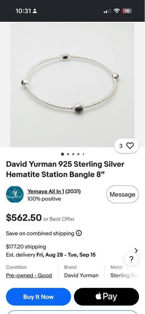 David Yurman 925 Sterling Silver Hematite Station Bangle (Category: Bracelets) located in Bacoor. Submitted by cryptl (Listing ID 1451713465, Image 3). Description: - Authentic David Yurman Bangle - Sterling Silver with iconic twisted cable design - Features four genuine Hematite stations - Size: 8 inches - Versatile: Perfect for stacking or wearing solo - Classic, timeless piece.