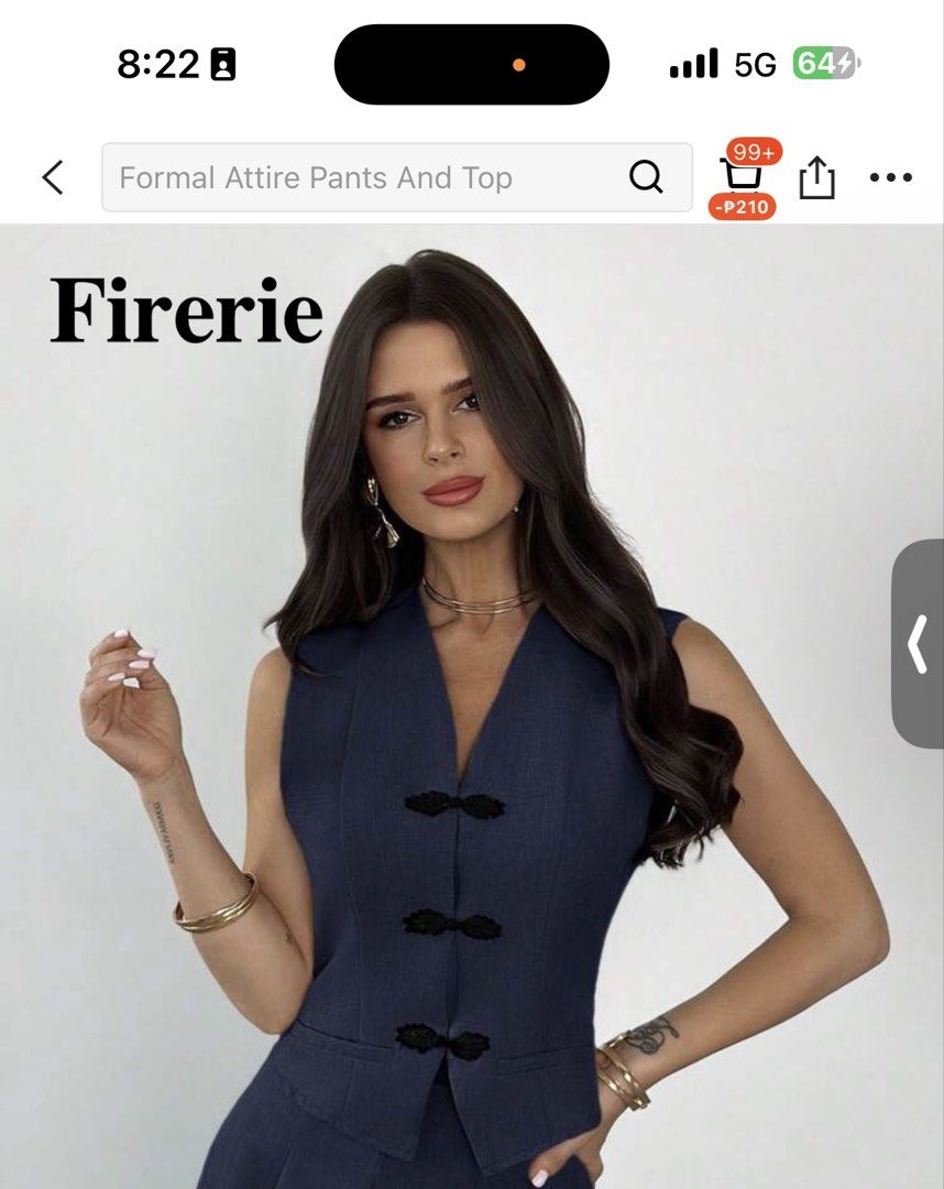 Denim Top (Category: Sets or Coordinates) located in Muntinlupa City. Submitted by brandsdeclutter (Listing ID 1451834631, Image 1). Description: - Navy blue formal set from Fireerie. - Sleeveless vest with unique black frog closures. - Includes matching pants. - Ideal for business meetings and formal events. - Chic and professional look..