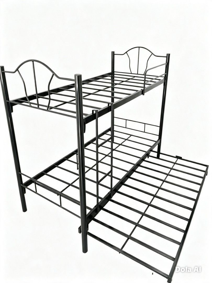 Double Deck Single With Pull Out And Mattress (Category: Bed Frames & Mattresses) located in Manila. Submitted by jhengsellav (Listing ID 1451835407, Image 1). Description: These are standard black metal bunk beds, a very common, practical style widely used in dorms, boarding houses, and rental spaces in the Philippines: --- 🛏️ Product Details - Frame: Sturdy black tubular steel frame, with arched headboard design, built-in side ladder, and guar