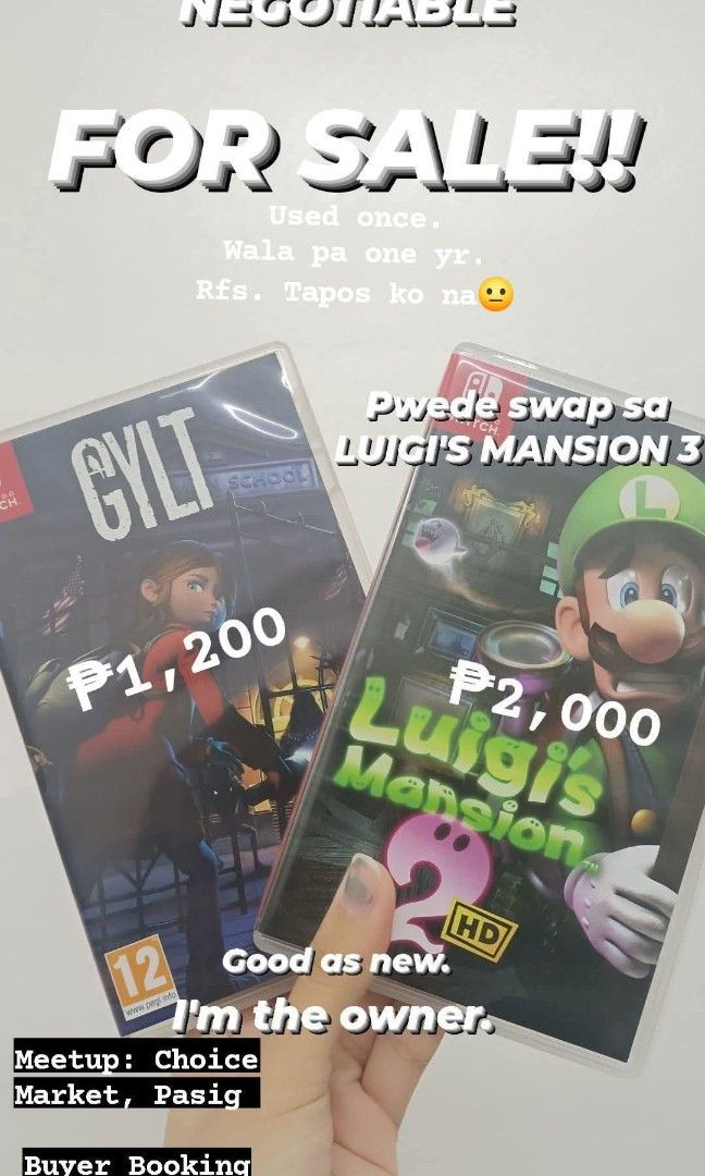 GYLT & LUIGI'S MANSION 2 (Category: Nintendo) located in Tiaong. Submitted by mikrokosmos7 (Listing ID 1451880200, Image 1). Description: Nasa pictures na yung DETAILS also the PRICE. ₱3k take all.