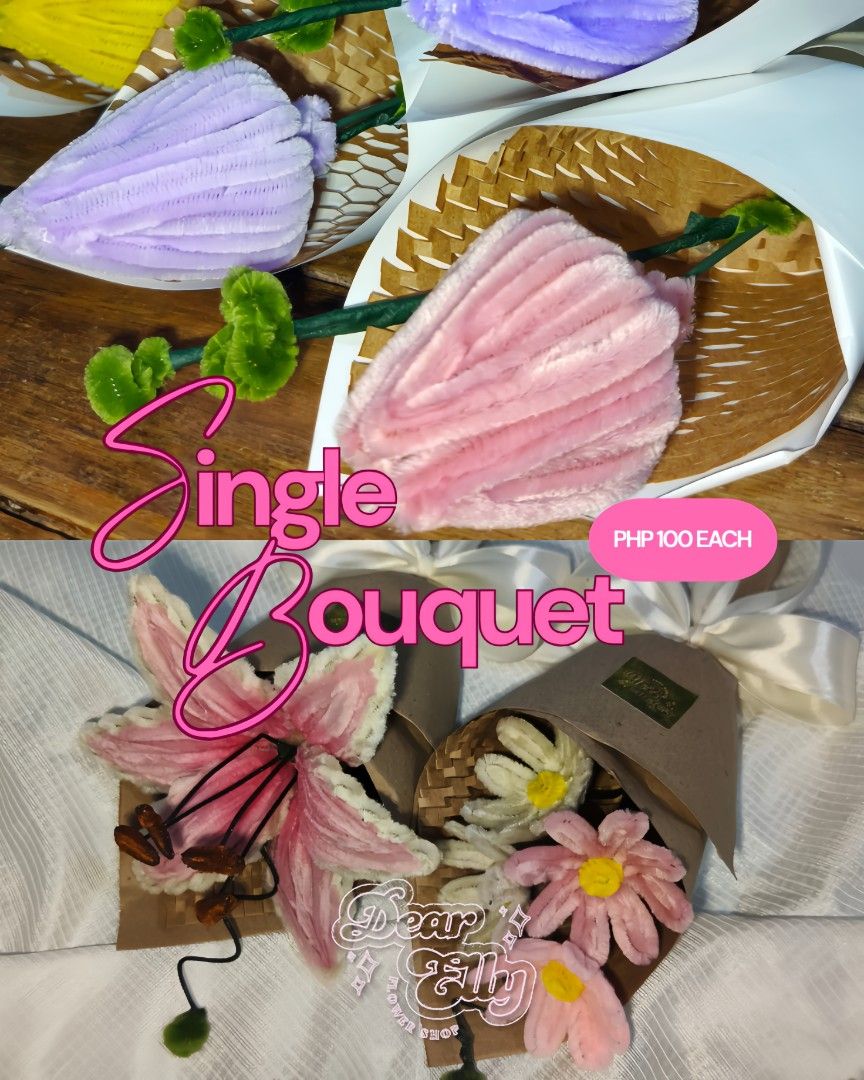 Handmade Pipe Cleaner Flower Bouquets - Various Sizes (Category: Flowers & Bouquets) located in Manila. Submitted by ashleyshan20627 (Listing ID 1451831241, Image 1). Description: - Adorable handmade flower bouquets crafted from pipe cleaners. - Available styles: Single Stems, Semi-Realistic Lilies, Mini Thumbelina Bouquets, Large Thumbelina Bouquets. - Perfect for thoughtful gifts or charming decorations. - Each bouquet is meticulously handmade 