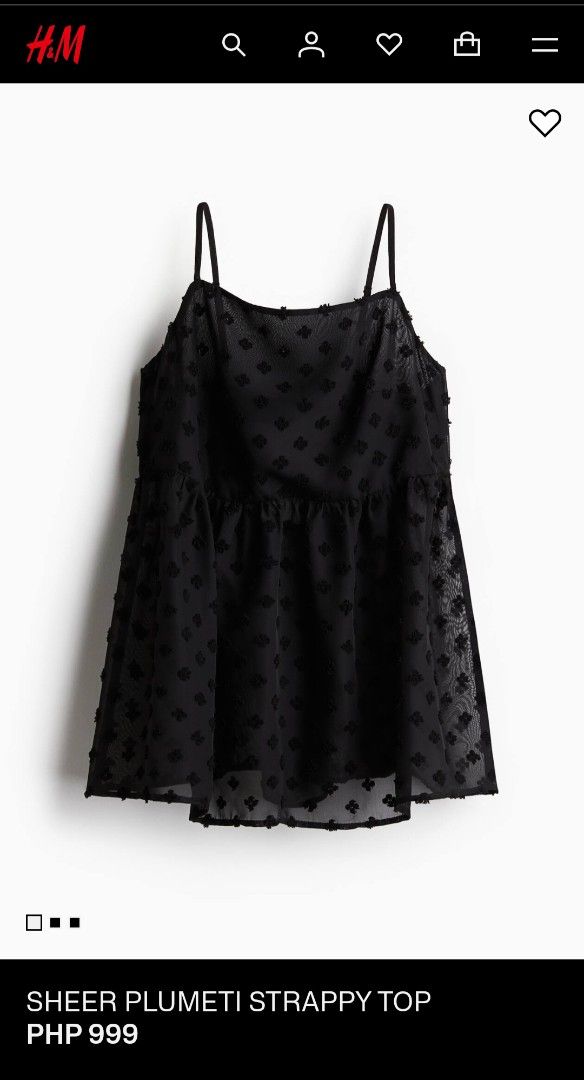 H&M Black Sheer Plumeti Strappy Top (Category: Sleeveless) located in Bacoor. Submitted by Miss_Chuch0521 (Listing ID 1451786211, Image 3). Description: Brand: H&M Size: Can fit S-M Condition: Like new never used RFS: Declutter MOP: Gcash / Bank Transfer MOD: Lalamove / J&t, no meetups or pickups Loc: Bacoor, Cavite.