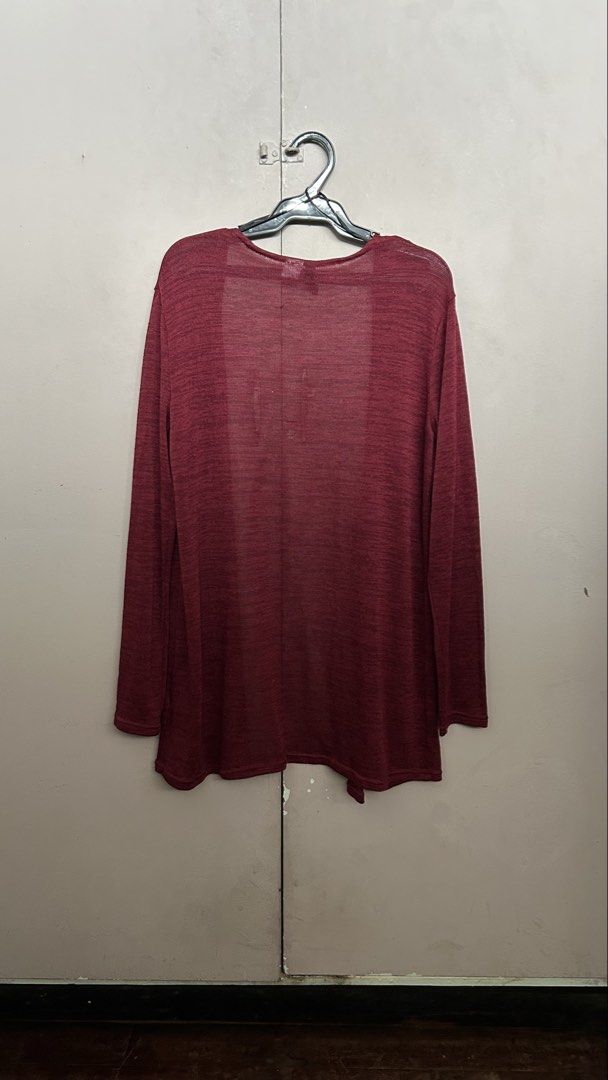 H&M Maroon Sheer Long Sleeve Cardigan (Category: Coats, Jackets and Outerwear) located in Quezon City. Submitted by ccr26 (Listing ID 1451786891, Image 2). Description: - Lightweight maroon cardigan - Long sleeves - Open front - Sheer fabric, ideal for layering - Versatile and easy to style Fits xs to m or large.