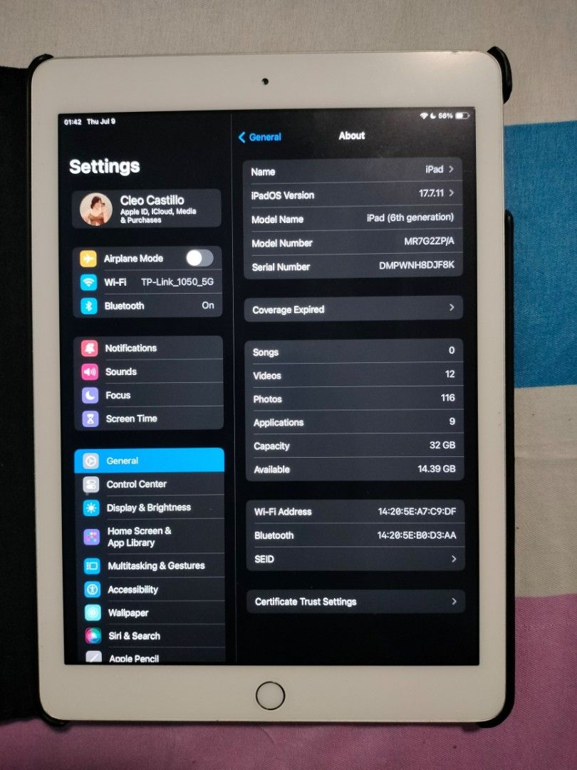 iPad 6th Gen -32 GB FOR SALE ONLY (Category: iPad) located in Makati City. Submitted by cleocastillo_262 (Listing ID 1451711294, Image 3). Description: FOR SALE IPAD 6TH GEN 32GB - Touch ID Working - Unli reset - Smooth gamitin - May charging chord - Nakatempered glass din - Malinaw both cam - With iPad case Honest issue: - hard press na yung high volume button, pero may volume control naman sa screen. - Paint chip sa likod, di nakaka affect sa p