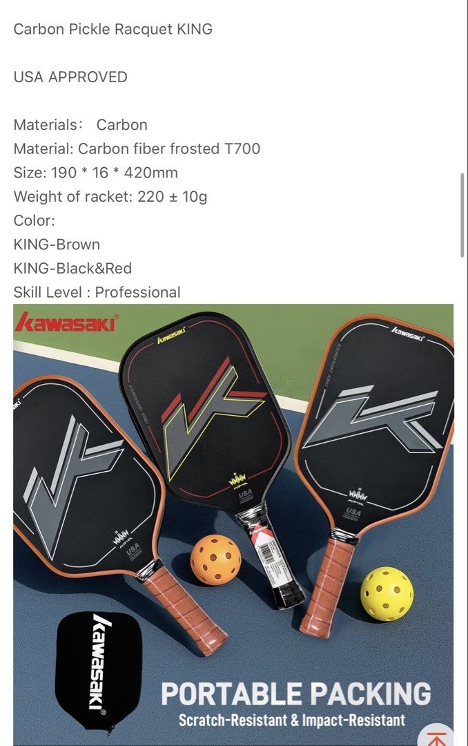 Kawasaki Racquet King paddle (Category: Racket and Ball Sports) located in Taguig. Submitted by riverphoenix24 (Listing ID 1451877703, Image 2). Description: Used twice only. Will upgrade na agad to Vole Pronto. Color Brown.