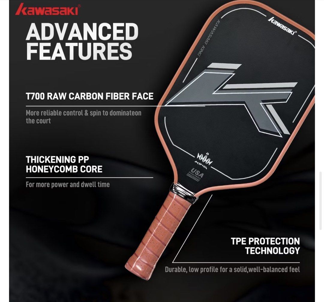Kawasaki Racquet King paddle (Category: Racket and Ball Sports) located in Taguig. Submitted by riverphoenix24 (Listing ID 1451877703, Image 3). Description: Used twice only. Will upgrade na agad to Vole Pronto. Color Brown.