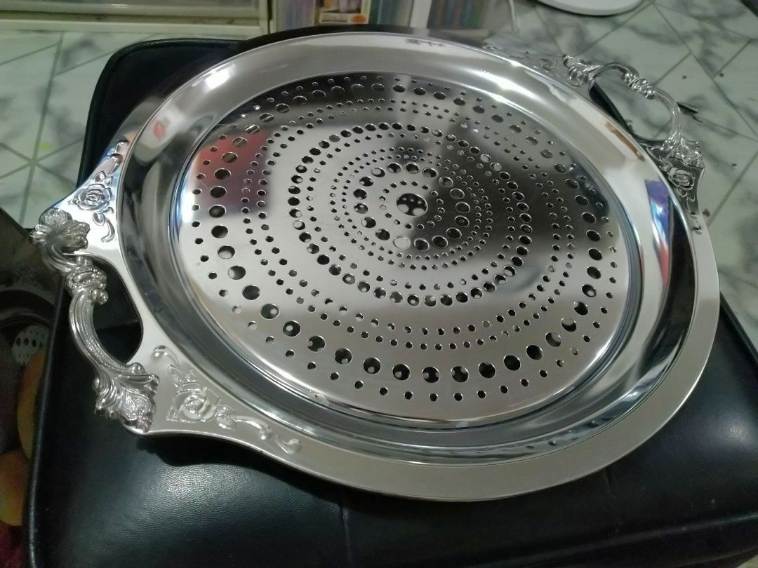 LAUSANNE Serving Tray with Strainer Plate (Category: Other Kitchenware & Tableware) located in Bulacan. Submitted by mitchikoscollection (Listing ID 1451729195, Image 2). Description: ‼️ Brand new but with slight unnoticeable scratch, Display Items‼️2 1/2 x 14 INCHES - Lausanne serving tray with strainer plate - Made of durable nickel chrome - Ideal for serving fruits or snacks - Strainer plate effectively drains excess liquid - Includes original