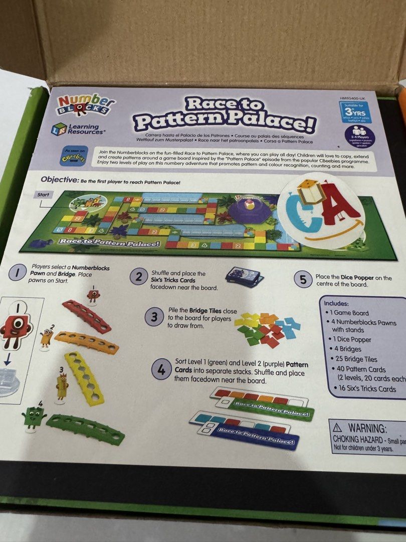 Learning Resources Numberblocks Race to Pattern Palace Game (Category: Educational & Learning Toys) located in Imus. Submitted by ca_readandroll (Listing ID 1451725774, Image 2). Description: Learning Resource_Race to Pattern Palace 🏷️ P700 🍃Content condition: Excellent used condition, missing 1 green tile, perfectly playable, max of 3 same color tile lang need per pattern 🍂Box : Damaged.