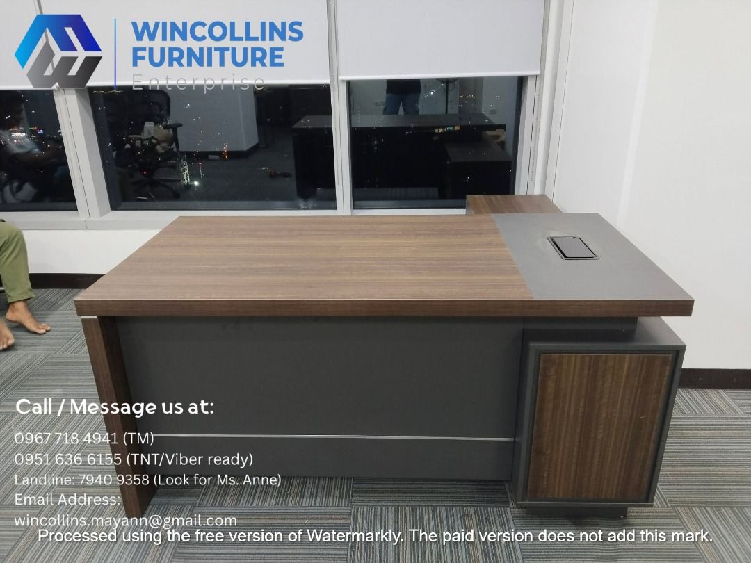 L-shape Executive Table / Boss Table / Manager Table (Category: Tables & Sets) located in Caloocan City. Submitted by mayanncamu.furniture (Listing ID 1451702017, Image 2). Description: Heavy duty Executive Table / Boss Table 25mm thickness melamine finish 15mm thickness melamine front panel Combi-lock drawers Open shelves and Grommet.