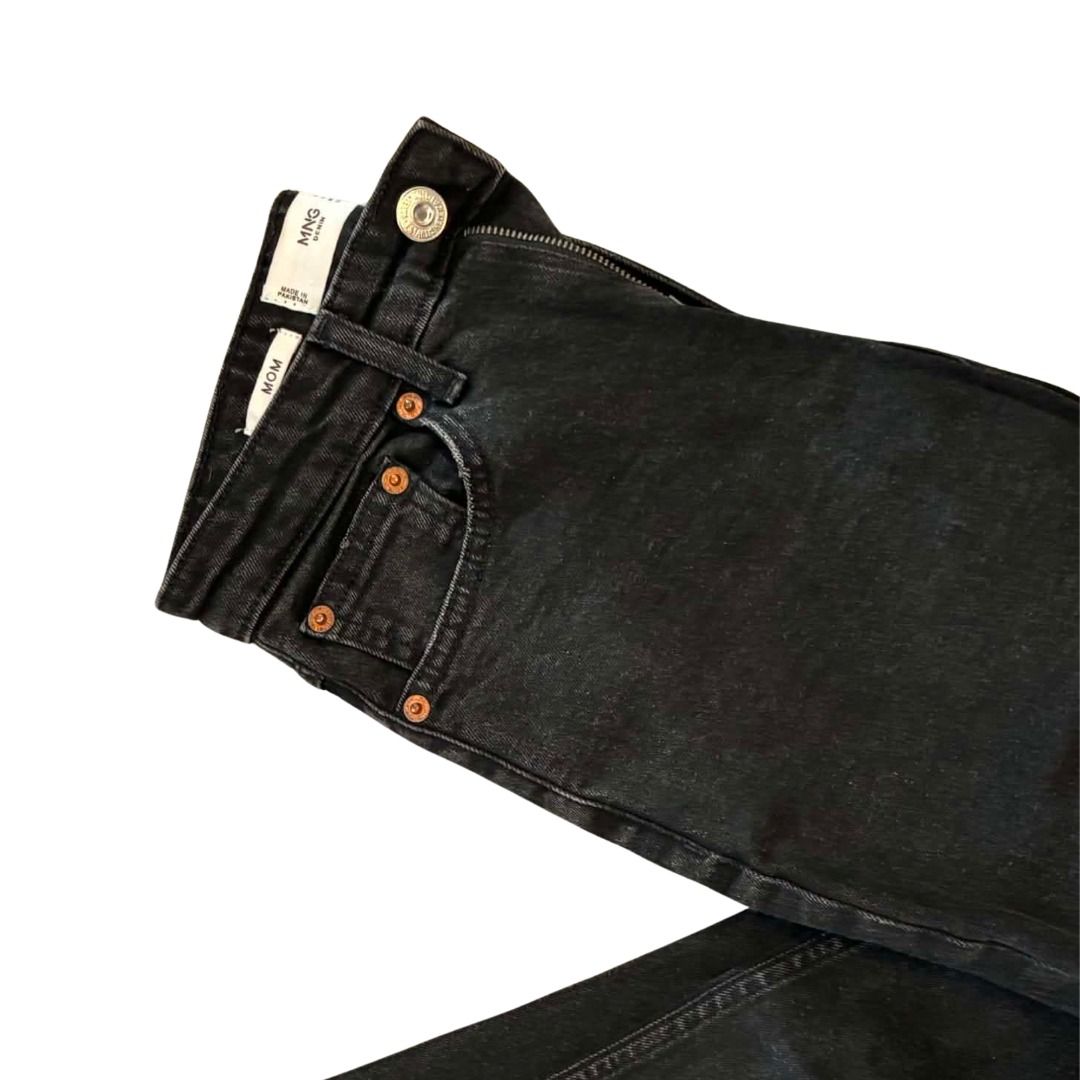 MANGO Mom Jeans Rugged Style Black XXS (Category: Luxury Apparel) located in Davao. Submitted by pickystuff (Listing ID 1451818171, Image 3). Description: MANGO Mom Jeans Size: XXS or EUR 32 Makapal Features a rugged, distressed look with intentionally faded areas as part of the original design. Comfortable, stylish, and perfect for a casual streetwear look..