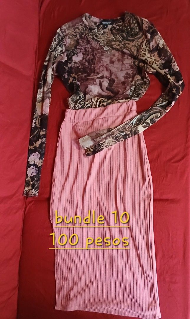 Mesh Top and Ribbed Skirt Bundle - 100 Pesos (Category: Sets or Coordinates) located in Taguig. Submitted by jegadablo (Listing ID 1451705318, Image 1). Description: Bundle deal! Vintage print mesh top (long sleeves, crew neck) + pink ribbed midi skirt (high-waist, stretchy). Perfect for any occasion. Only 100 pesos!.