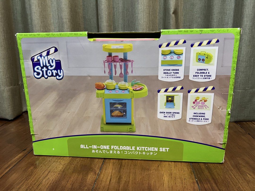 My Story All-in-one Foldable Kitchen Set (Category: Kids Toys) located in Marikina City. Submitted by kkkristineee (Listing ID 1451732185, Image 2). Description: It is a compact, interactive pretend-play toy designed for children aged 3 and up. Portable, fold up design helps save space and encourages imaginative role play. .