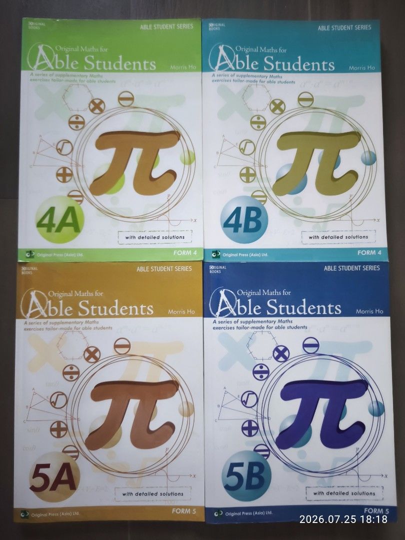 Original Maths for Able Students 練習連答案 （分類：補充練習）位於 Hong Kong。 由 wbgtonyg 提交（商品編號 1451811154，圖片 1）。簡介： 一套四本 Original Maths for Able Students 練習，有 4A, 4B, 5A, 5B。每本都有埋答案。適合想操數嘅學生。 每本書176頁-220頁不等，原價$92-$98不等。 除5B做過8版紙題目，其他冇寫過字。 買一本$40，兩本$70，三本$85，四本$110 。