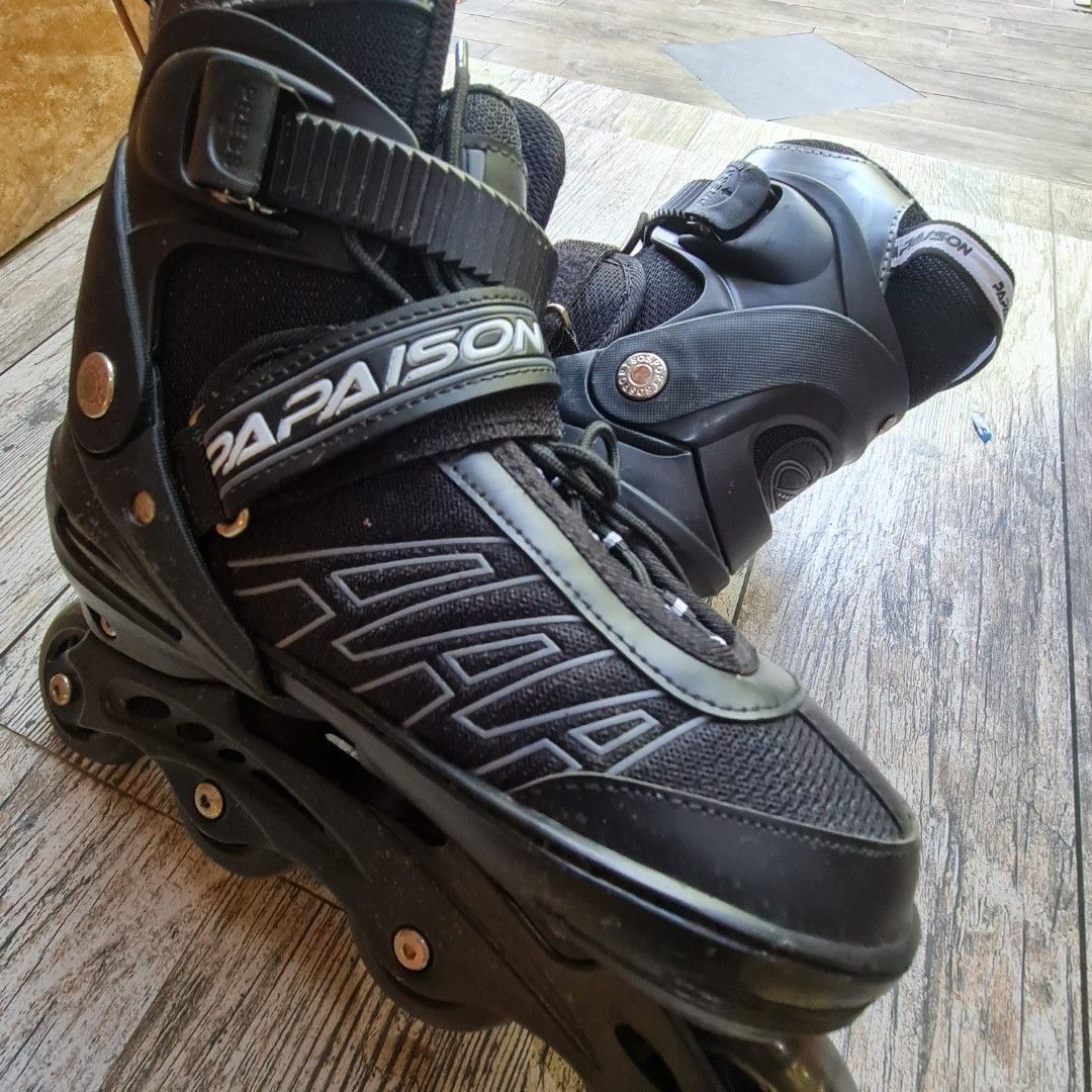 PAPASON Inline Skates Black Adjustable Rollerblades (Category: Skates, Rollerblades & Scooters) located in Guiguinto. Submitted by heart143214 (Listing ID 1451809409, Image 1). Description: Item Size & Tag Specs ​Brand/Model: Papaison (3018WB / E030) ​Size: Large (EU 38–41) ​Fit Foot Length: 24.5 cm – 27.0 cm - Black PAPASON inline skates - Adjustable size for a perfect fit - Secure closure with laces and straps - Ideal for beginners and casual s
