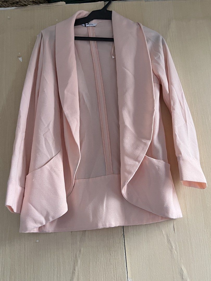 Pink Open Front Blazer (Category: Coats, Jackets and Outerwear) located in Taguig. Submitted by skirmiiish (Listing ID 1451834274, Image 1). Description: - Light pink blazer - Open front with draped lapel - Two front pockets - Subtle textured fabric finish - Ideal for layering over tops or dresses - Suitable for smart casual or office attire Brand : Petite original from UK.