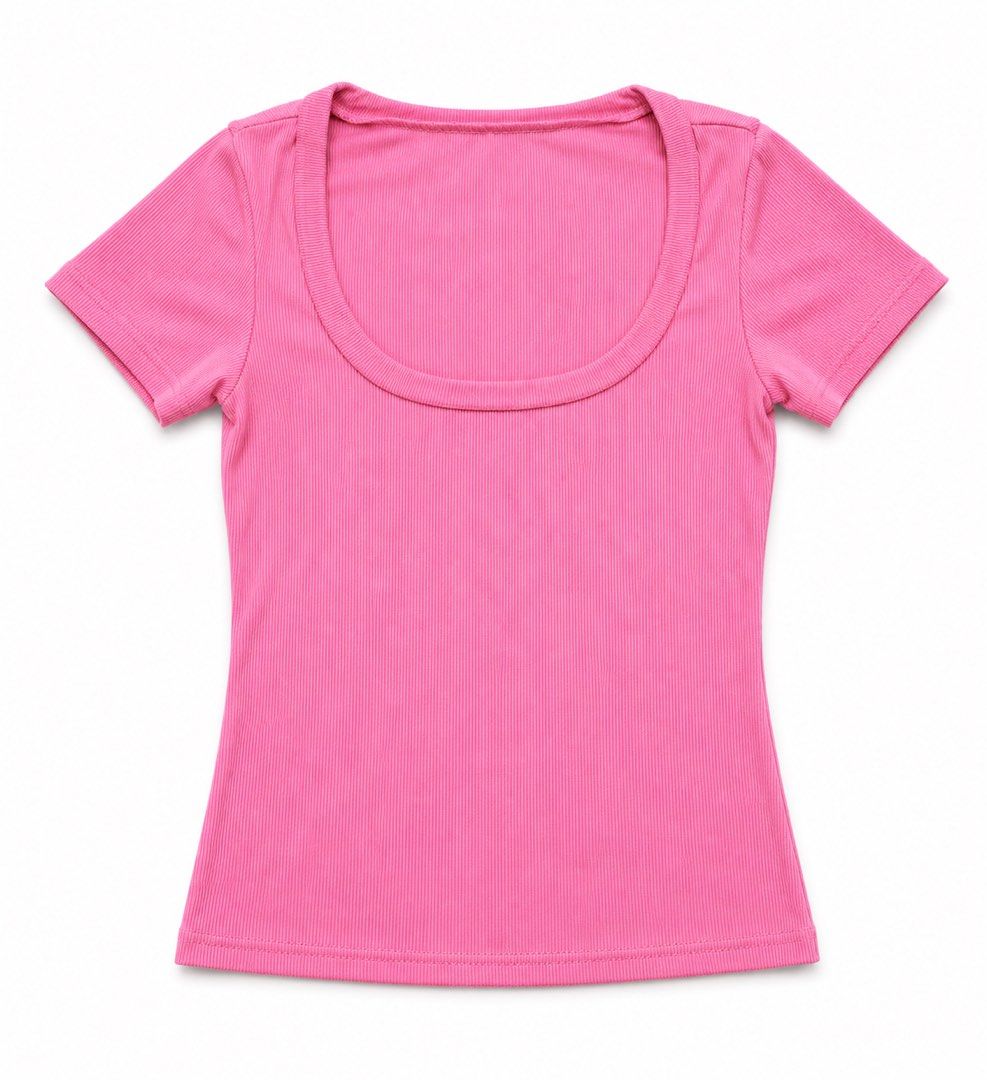 Pink Ribbed Scoop Neck T-Shirt (Category: Shirts) located in Makati City. Submitted by PamsCorner (Listing ID 1451844947, Image 1). Description: - Adorable pink t-shirt - Features a trendy ribbed texture - Comfortable and stretchy fabric - Wide scoop neckline - Short sleeves - Versatile for casual wear or layering - Easily pairs with jeans or skirts.