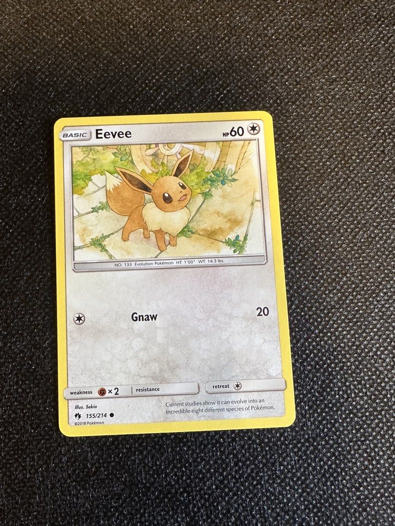 Pokemon Eevee Card 155/214 - Basic Evolution （分類：原色卡片）位於 Hong Kong。 由 calmmountain_00b27f 提交（商品編號 1451775062，圖片 1）。簡介： Selling a Pokemon Eevee card. It's the basic evolution type. The card number is 155/214. HP is 60. Attack is Gnaw for 20 damage. Weakness is Fighting x2. Resistance is none. Retreat cost is 1. Great for collectors!。