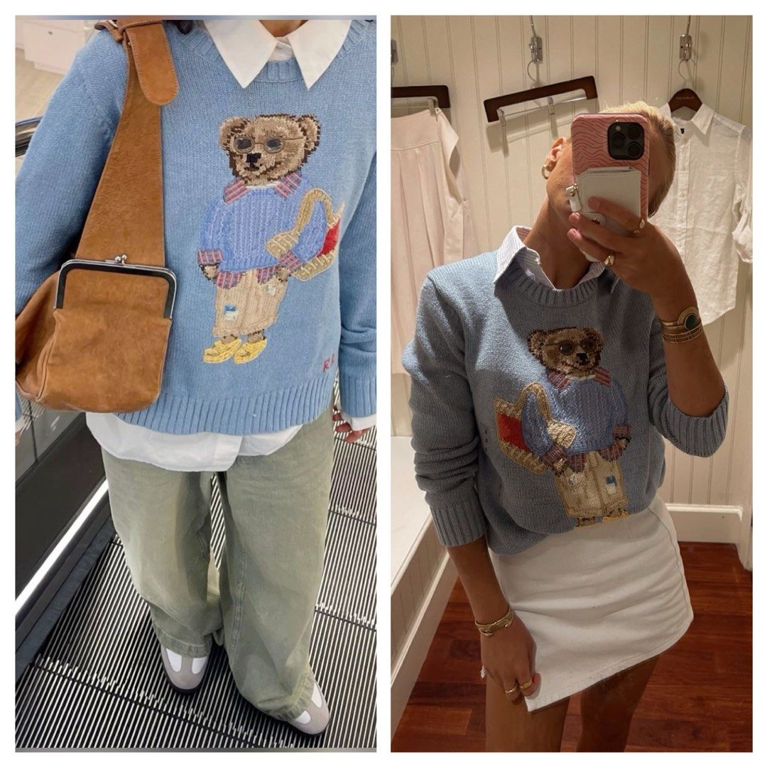 Polo Ralph Lauren Bear Sweater (Category: Coats, Jackets and Outerwear) located in Quezon City. Submitted by classychicph92 (Listing ID 1451724288, Image 1). Description: - Light blue sweater with iconic Polo Bear graphic - Polo Bear is wearing sunglasses and a sweater, holding a basket - Estimated size: Medium - Ideal for a casual, preppy aesthetic - Versatile for pairing with jeans or skirts.