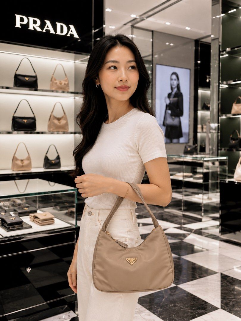 PRADA RE EDITION (Category: Luxury Bags & Wallets) located in Dagupan City. Submitted by casadebayongph (Listing ID 1451042402, Image 1). Description: - Prada shoulder bag - Beige nylon material - Gold hardware details - Zipper closure - Classic triangular Prada logo on front - Comfortable shoulder strap - Ideal for everyday use - Fits all your essentials.