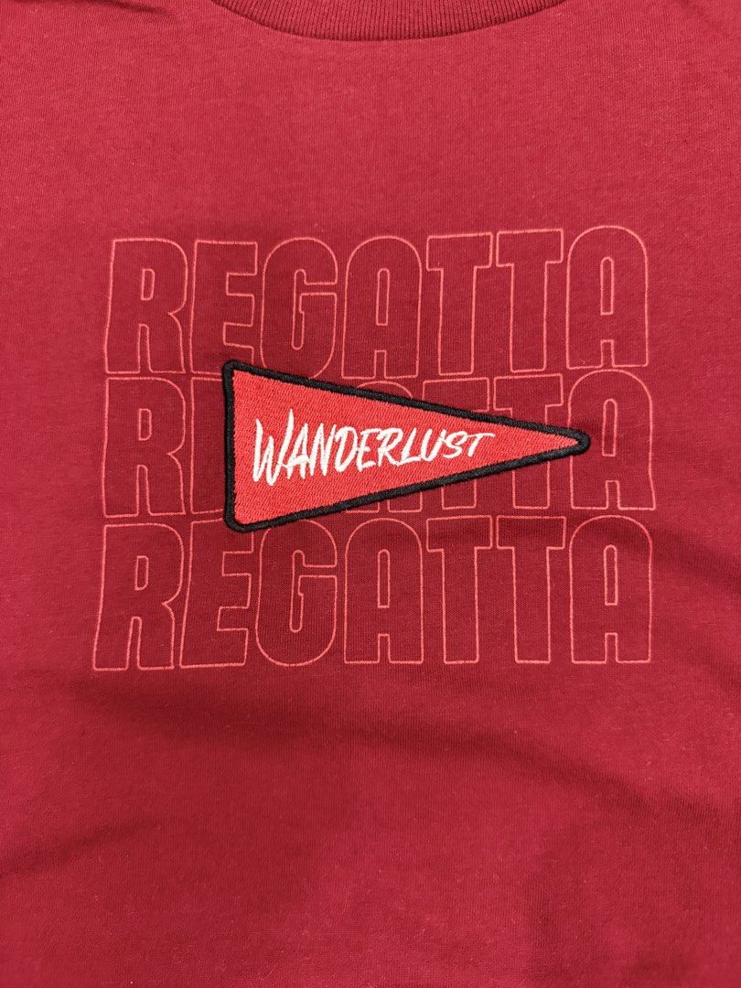 Regatta Wanderlust T-Shirt - Red - Size L (Category: Tshirts & Polo Shirts ) located in Bocaue. Submitted by mhonluigo (Listing ID 1451844804, Image 2). Description: - Red Regatta T-shirt - Features 'Wanderlust' graphic - Repeating 'Regatta' text in background - Comfortable crew neck - Size: Large (L) - Ideal for casual wear.