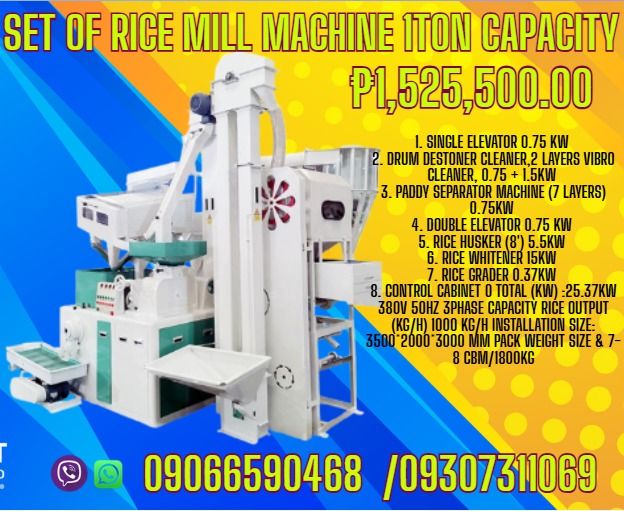 Rice mill machine complete set for sale 1000kg (Category: Looking For) located in Caloocan City. Submitted by usosmarlo198768 (Listing ID 1451771220, Image 1). Description: 1ton rice mill machine for sale PHP1,525,500.00 Machine List Power(Kw) Power(Kw) 1. Single Elevator 0.75 KW 2. Drum destoner cleaner,2 layers vibro cleaner, 0.75 + 1.5KW 3. Paddy separator Machine (7 layers) 0.75KW 4. Double Elevator 0.75 KW 5. Rice Husker (8') 5.5KW 6. Rice w