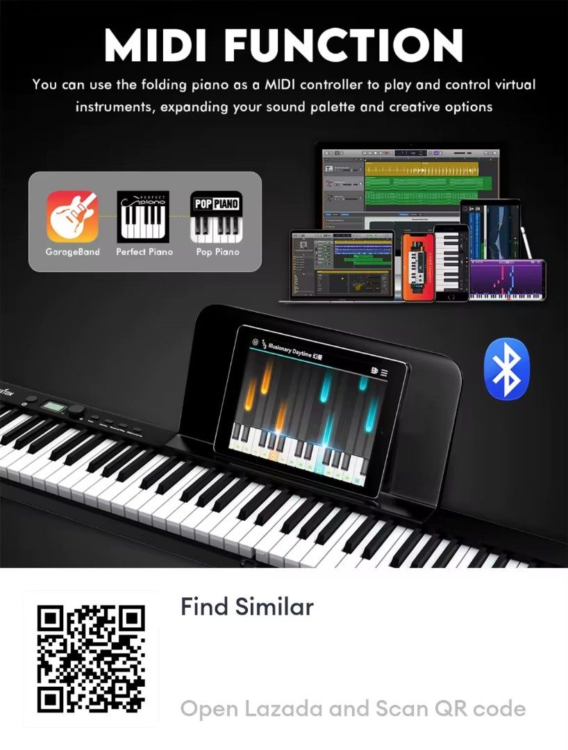 Rixton 88-Key Foldable Digital Piano with Carry Bag (Category: Musical Instruments) located in Pasig City. Submitted by artliam888 (Listing ID 1451775452, Image 3). Description: - Full-size 88-key foldable digital piano - Lightweight: Only 8.8 lbs - Features: 128 tones, 128 rhythms, 20 demo songs, 88 keyboard percussions - MIDI controller compatible - Includes: Carry bag, power cord, sustain pedal - Ideal for practice and performance.