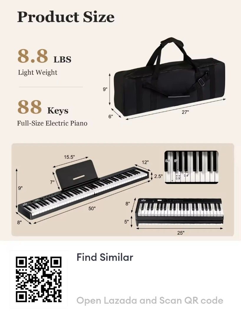 Rixton 88-Key Foldable Digital Piano with Carry Bag (Category: Musical Instruments) located in Pasig City. Submitted by artliam888 (Listing ID 1451775452, Image 2). Description: - Full-size 88-key foldable digital piano - Lightweight: Only 8.8 lbs - Features: 128 tones, 128 rhythms, 20 demo songs, 88 keyboard percussions - MIDI controller compatible - Includes: Carry bag, power cord, sustain pedal - Ideal for practice and performance.