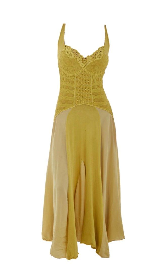 Roberto Cavalli Class Chartreuse Lace Dress (Category: Dresses) located in Makati City. Submitted by slavetorave (Listing ID 1451773416, Image 3). Description: - Chartreuse maxi dress by Class Roberto Cavalli. - Features intricate lace detailing on the bodice. *water marks in the second photo are from steaming, it’s now gone and dry….