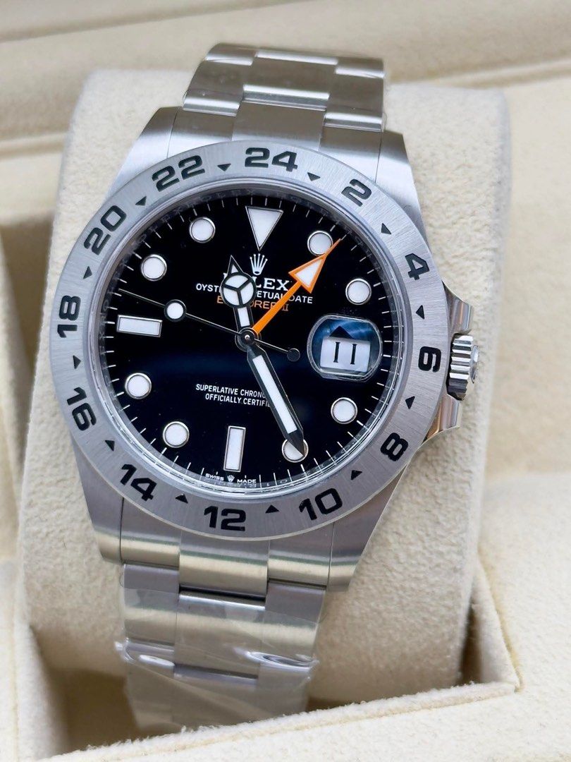 Rolex Explorer II Black Dial Automatic Watch (Category: Luxury Watches) located in Manila. Submitted by watchesbyjamesdy (Listing ID 1451818492, Image 2). Description: - Rolex Explorer II - Black dial with date - Stainless steel Oyster bracelet - GMT function with orange hand - 24-hour bezel - Automatic movement - Superlative Chronometer Officially Certified.