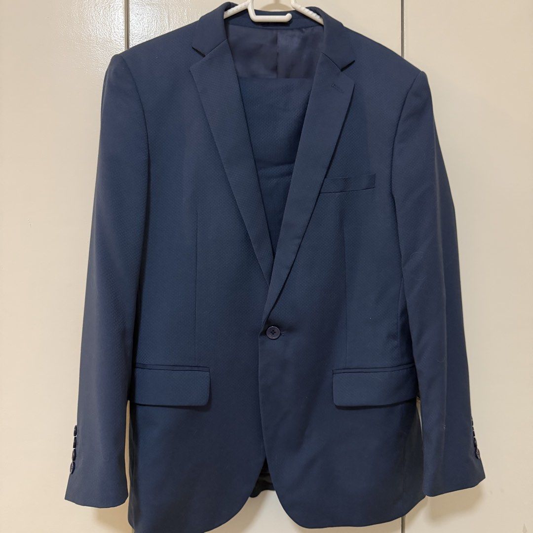 SAHARA Navy Blue Textured Suit Set - Size L (Category: Coats, Jackets and Outerwear) located in Bulacan. Submitted by declutter_diary02 (Listing ID 1451764725, Image 1). Description: - USED TWICE for events - SAHARA Navy Blue Suit Set - Includes Blazer and Trousers - Size: Large (L) SLIM FIT - Fabric: Subtle textured pattern - Ideal for: Formal events, business wear - Please check photos for condition details PLEASE READ ‼️ MOP: Gcash or Bank tra