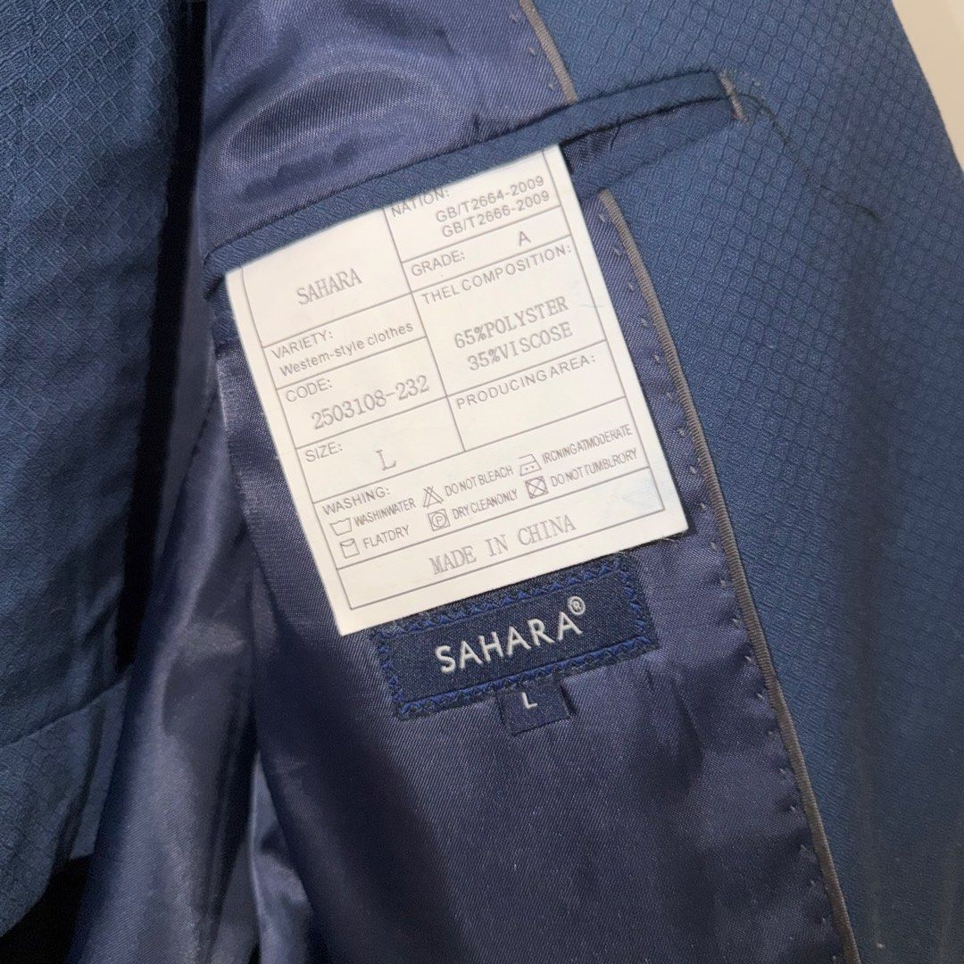 SAHARA Navy Blue Textured Suit Set - Size L (Category: Coats, Jackets and Outerwear) located in Bulacan. Submitted by declutter_diary02 (Listing ID 1451764725, Image 3). Description: - USED TWICE for events - SAHARA Navy Blue Suit Set - Includes Blazer and Trousers - Size: Large (L) SLIM FIT - Fabric: Subtle textured pattern - Ideal for: Formal events, business wear - Please check photos for condition details PLEASE READ ‼️ MOP: Gcash or Bank tra