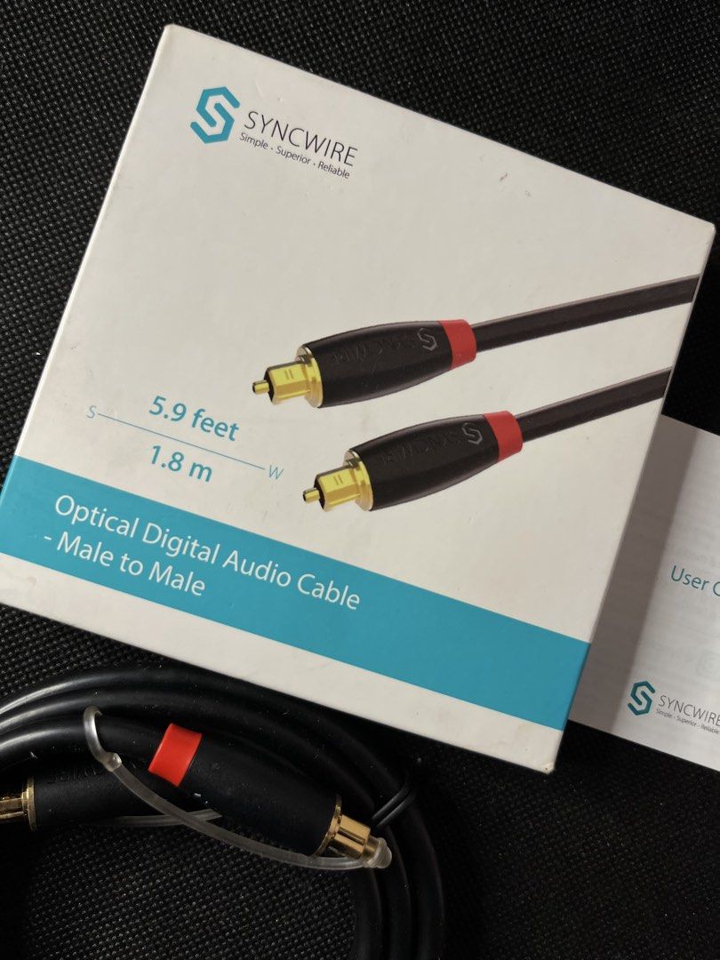 SALE!! Branded SYNCWIRE Optical Digital Audio Cable - 1.8m (Category: Other Audio Equipment) located in Gapan. Submitted by lunashop14 (Listing ID 1451851894, Image 2). Description: - Syncwire Optical Digital Audio Cable - Male to Male Connectors - 1.8 meters (5.9 feet) length - Ideal for TV, Soundbar, or Console connections - Polished gold-plated connectors for stable signal - Supports multi-channel stereo sound - Easy plug and play setup.