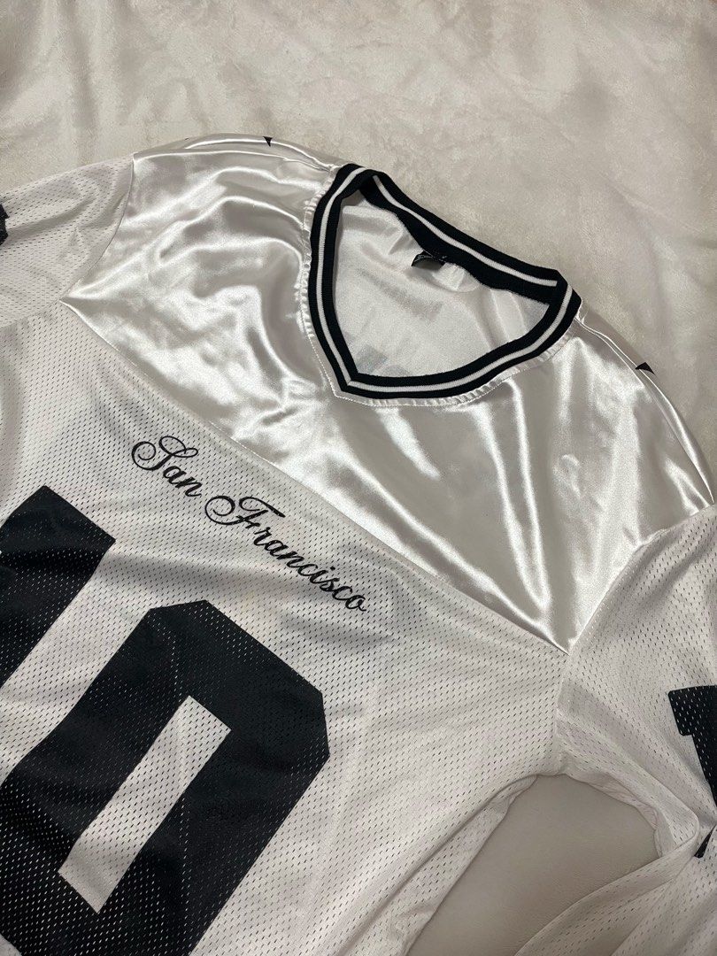 Y2K San Francisco White Satin+Mesh Jersey (Category: Longsleeves) located in Quezon City. Submitted by mire.mnl (Listing ID 1451879268, Image 2). Description: Reminders • Pieces are pre-loved or thrifted. As such, they may show flaws. • Mire is not responsible for courier‑related delays, losses, or damages. • For legitimacy, see reviews on our Carousell account: @mire.mnl. — Shop Policies We value time and effort, so please read and follow our po