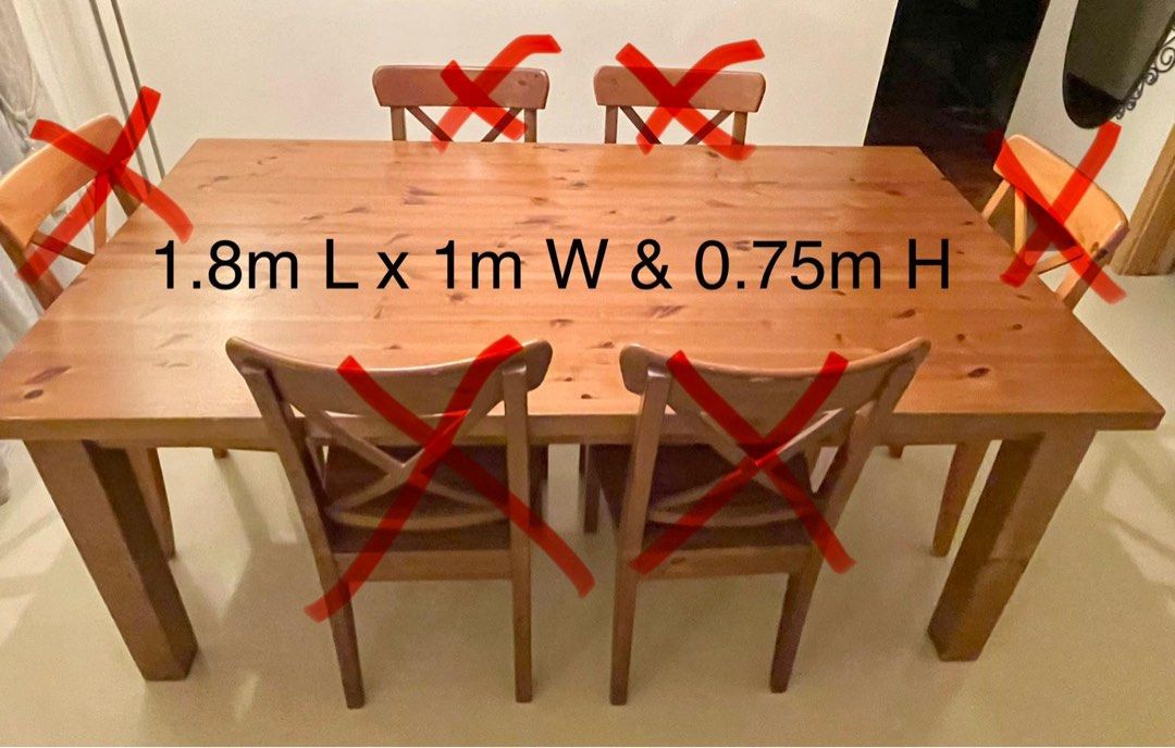 Solid Wood Dining Table (Category: Tables & Sets) located in Singapore. Submitted by robcsg (Listing ID 1449257959, Image 1). Description: - Solid wood dining table ONLY ( no chairs) The table can seat either 4 people, 6 people and Can seat 8 people. - Table dimensions: 1.8m (L) x 1m (W) x 0.75m (H) - Ideal for family meals and entertaining - Ready for a new home - Pickup only.