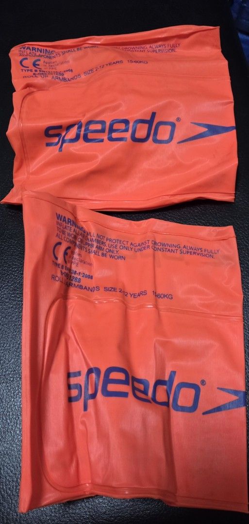 Speedo Roll Up Armbands for Kids (Category: Babies & Kids Fashion) located in Manila. Submitted by daddyhunt99 (Listing ID 1451767844, Image 1). Description: - Brand: NOS Speedo - Color: Orange - Age Suitability: 2-12 years - Weight Suitability: 15-60kg - Certification: EN13138-1:2008 - Important Inflation Note: Inflate the first chamber before the second for proper buoyancy. - Safety Warning: Always use under constant adult supervision. This is 