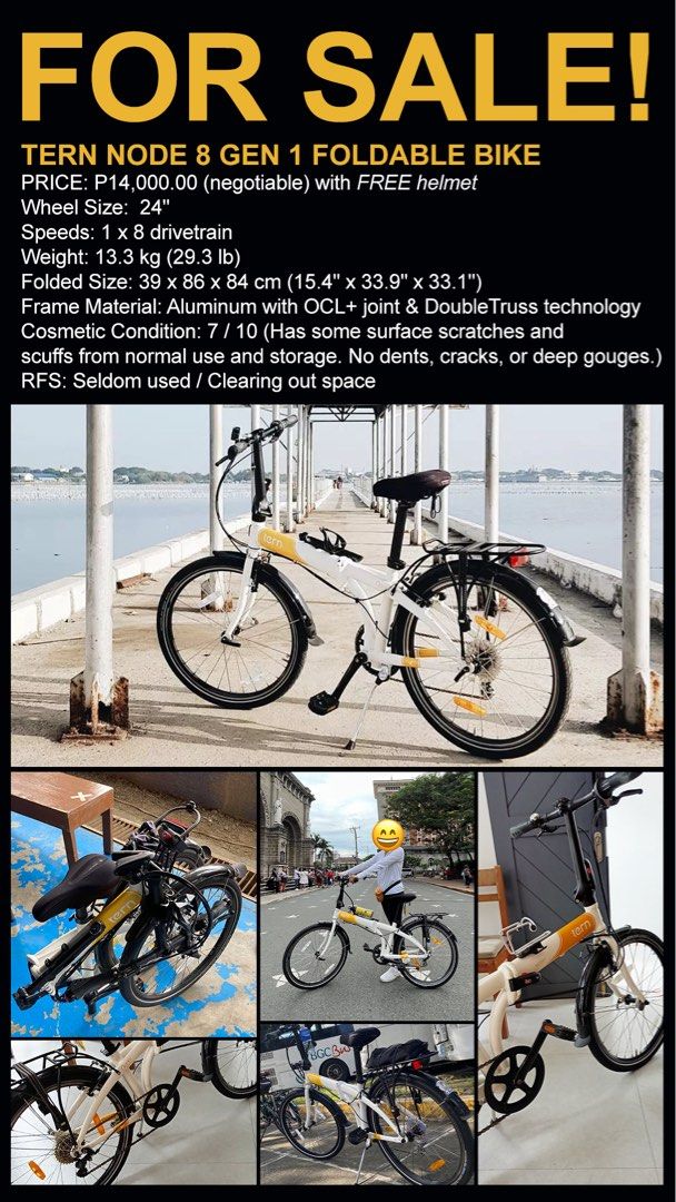 Tern Node 8 Gen 1 Foldable Bike (Category: Bicycles) located in Bacoor. Submitted by shopannerivera (Listing ID 1451831248, Image 1). Description: - Tern Node 8 Gen 1 foldable bike - 24" wheels - 1x8 drivetrain - Aluminum frame with OCL+ joint and DoubleTruss technology - Cosmetic condition: 7/10 (minor surface scratches/scuffs from normal use, no dents/cracks) - Seldom used, clearing out space - Free helmet included - Price negotiable.