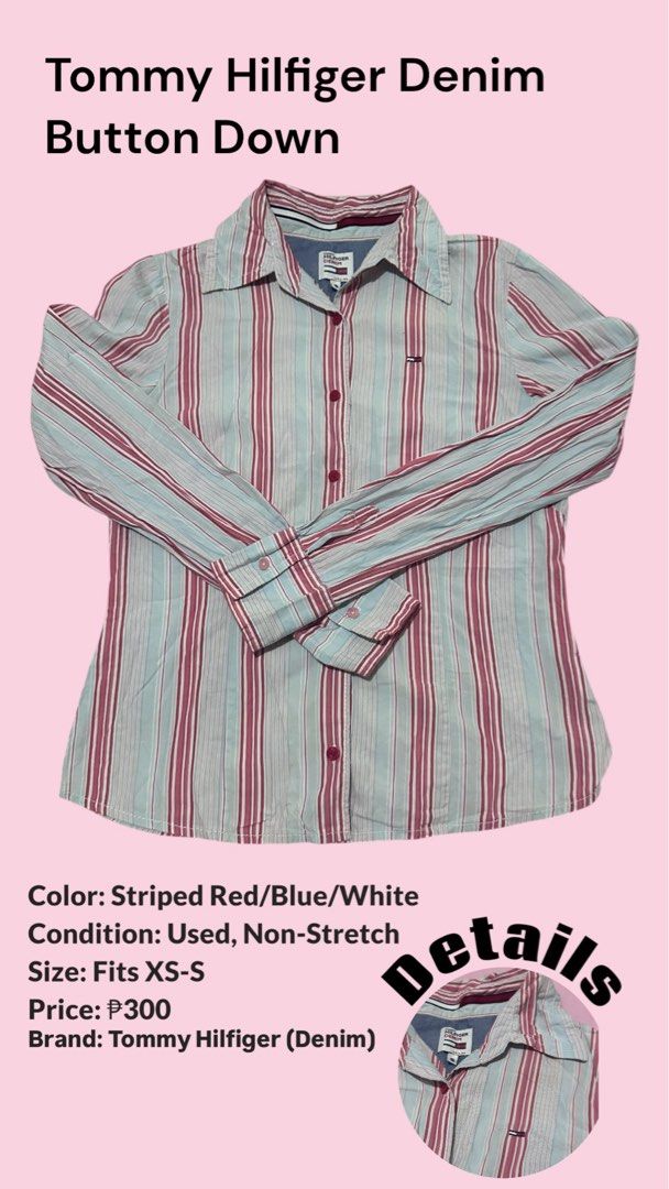 Tommy Hilfiger Denim Striped Button Down Shirt (Category: Longsleeves) located in Las Pinas. Submitted by amromps (Listing ID 1451848695, Image 1). Description: - Tommy Hilfiger Denim button down shirt - Classic red, blue, and white stripe pattern - Size fits XS-S - Non-stretch fabric for a structured look - Ideal for everyday casual wear.
