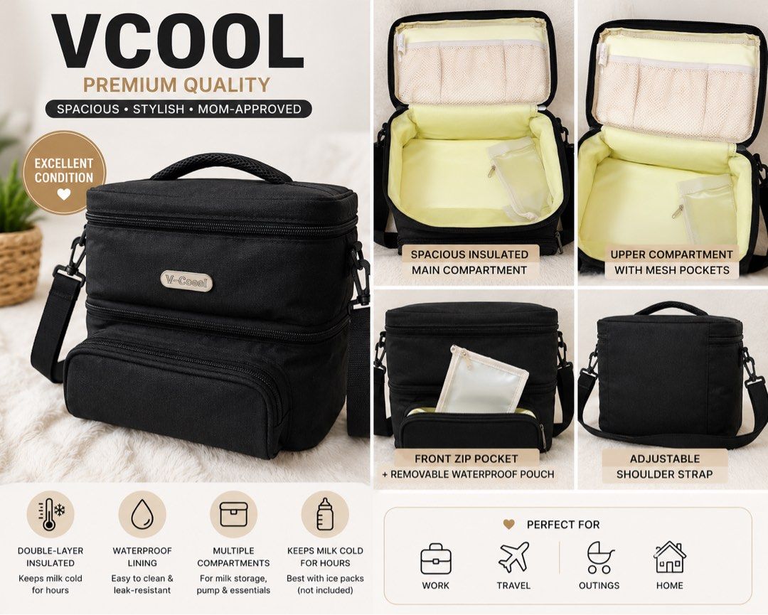 VCOOL Premium Quality Insulated Cooler Bag (Category: Breastfeeding & Bottle Feeding) located in Quezon City. Submitted by treeshabertol (Listing ID 1451767366, Image 1). Description: - VCOOL double-layer insulated cooler bag - Waterproof lining for easy cleaning - Multiple compartments for milk, pump, and essentials - Keeps milk cold for hours (ice packs not included) - Front zip pocket with removable waterproof pouch - Adjustable shoulder strap