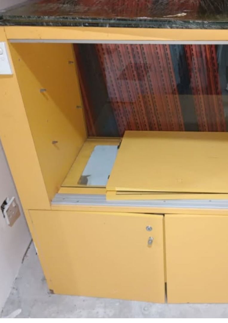 Yellow Counter Cabinet (Category: Shelves, Cabinets & Racks) located in Klang. Submitted by besscomputer (Listing ID 1451788321, Image 1). Description: Approx. Measurement (inches) [ L x W x H ]: 39.5 x 20 x 43.5 Ignore the glass on top. Can see the condition in the pictures, want to get rid of it for cheap. Has wheels. Location: Klang City Square [***SELF PICK-UP ONLY***] [***PLEASE MAKE SURE IT WILL FIT IN YOUR VEHICLE***].