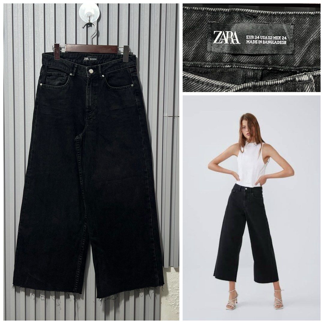 Zara Black Wide Leg Cropped Jeans (Category: Jeans) located in Iligan City. Submitted by sherriejar15721 (Listing ID 1451872076, Image 1). Description: - Zara black wide leg jeans W27-28 L37 - Cropped length with raw hem - High waisted fit - Size: EUR 34, USA 02, MEX 24 - Ideal for casual wear and easy styling.